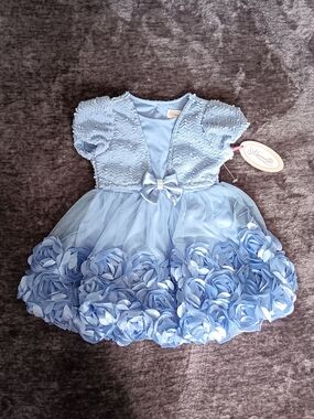 NWT Nannette Girls Blue Floral Rosette Bow Tulle Rhinestone Short Sleeve Dress2T